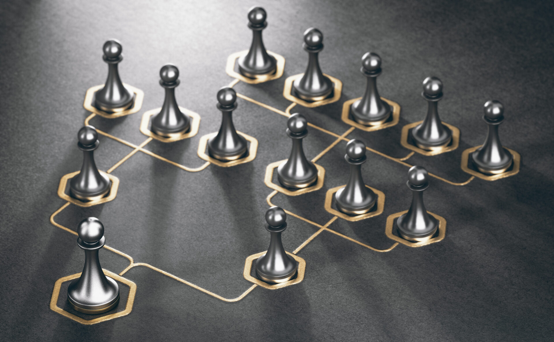 3D illustration of many pawns and golden organizational sheme over black background. Company hierarchy concept.